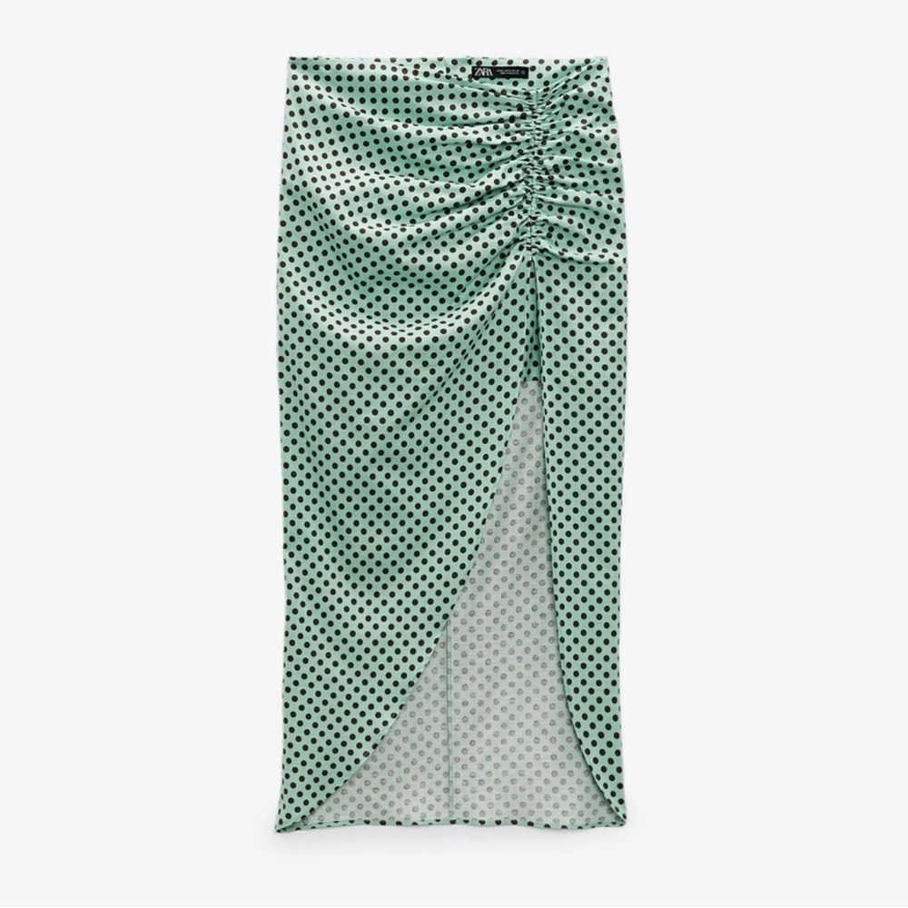 Zara Polka Dot Green Brown Midi Runched Skirt Maxi Slit Linen Blend Size XS